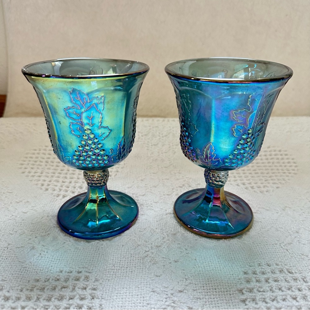 Set of 2 Vintage Blue Iridescent Indiana
Carnival Glass Goblets Harvest Grape